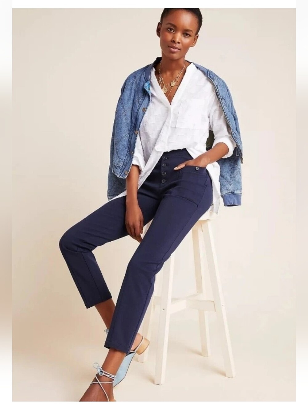 Anthropologie Bryson High-Rise Navy Women's Button-Front Pants Sz 4